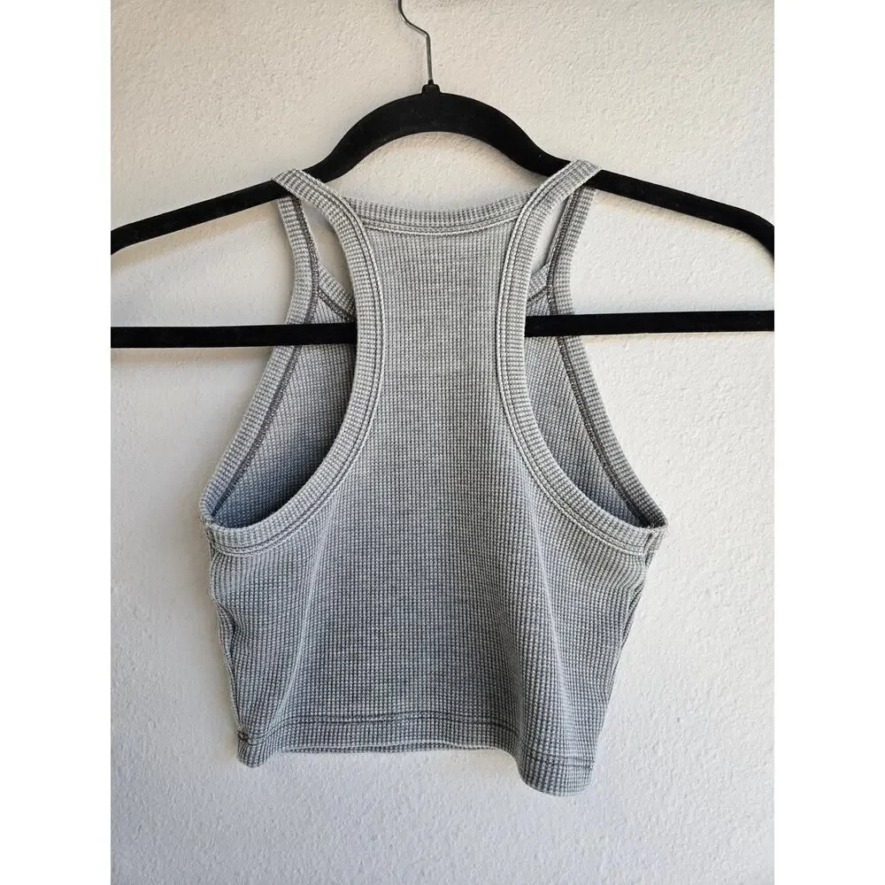 American Eagle Waffle Knit Cropped Tank Top High Neck Racerback Gray Size S‎